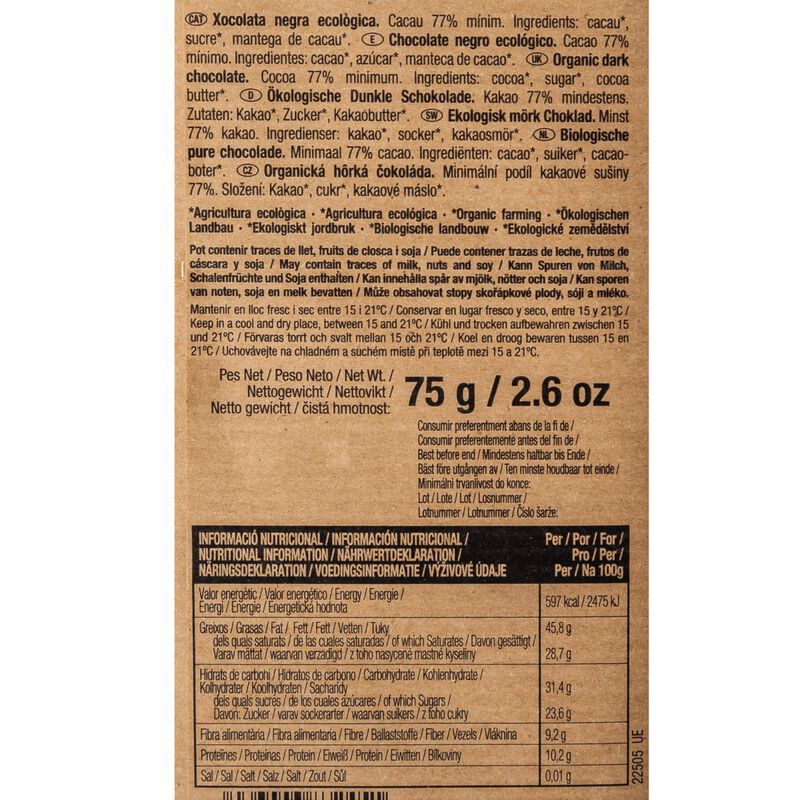 Chocolate 77% Perú ecológico Blanxart 75g 