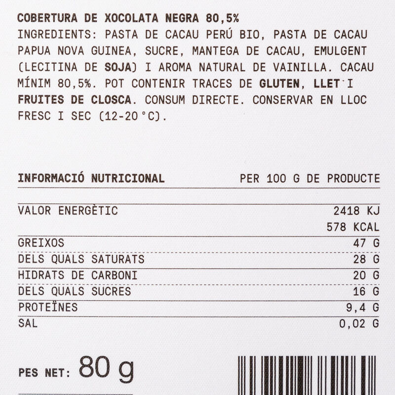 Xocolata negra 80% Perú i Papua Nova Guinea LLuc Crusellas 80g 