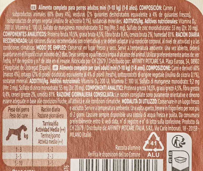Menjar humit per a gossos mini amb bou Ultima 150 g 