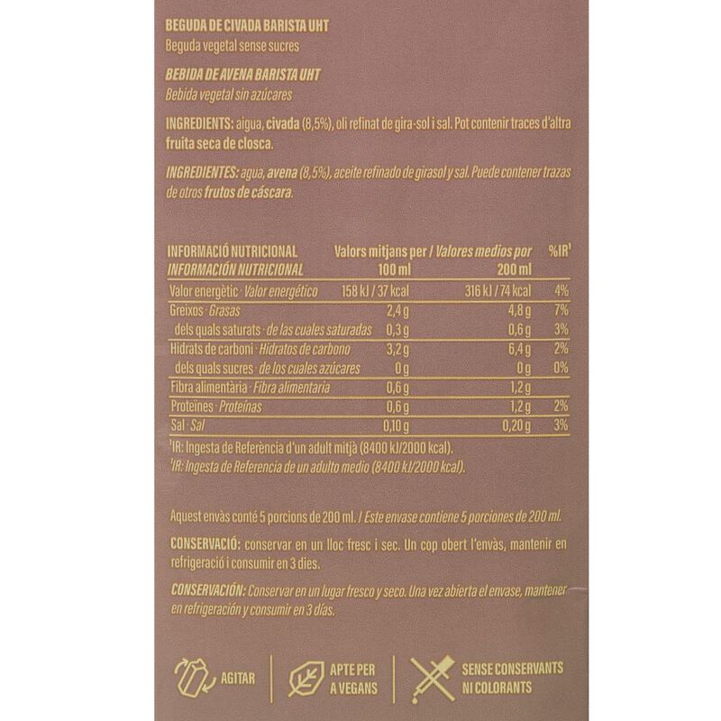 Bebida de avena Barista 0% azúcares Ametller Origen 1l