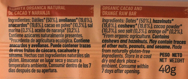 Barrita de cacao y naranja ecológica Natruly 40 g