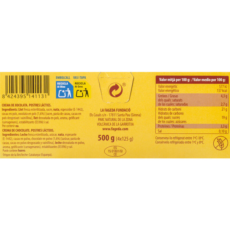 Crema de chocolate La Fageda 125g 4u.