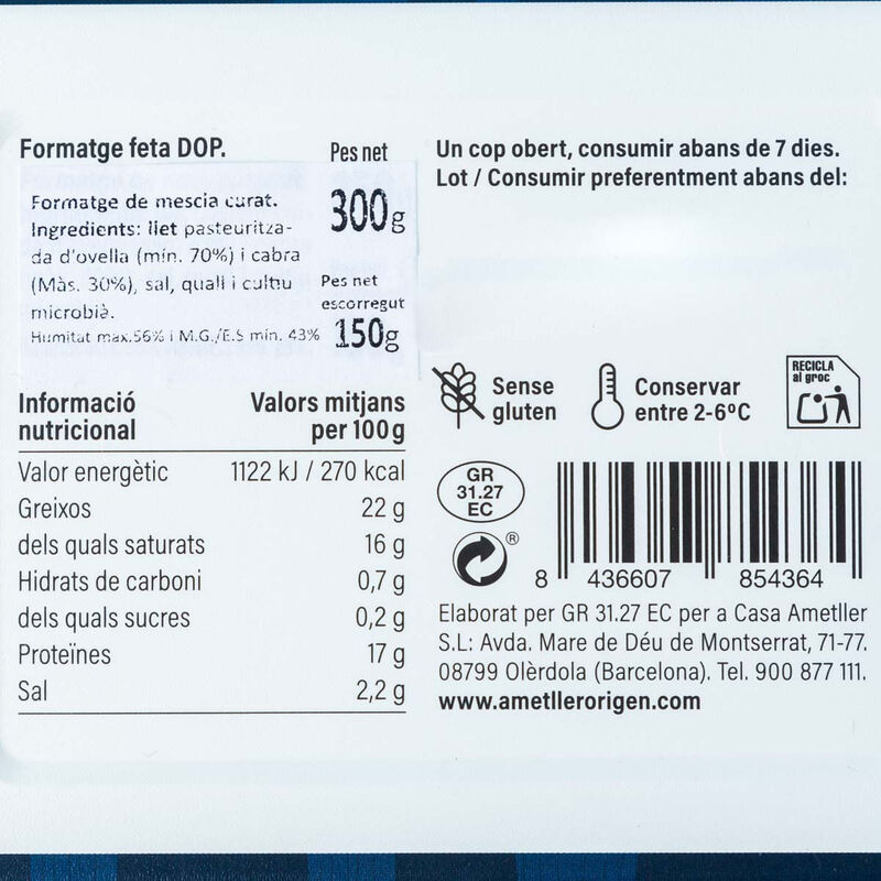 Feta envellida en bóta Ametller Origen 150g 