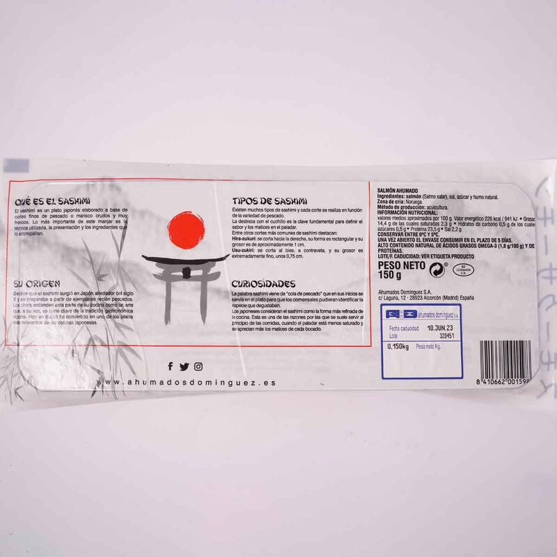 Salmón ahumado corte especial sashimi A.Domínguez 150g