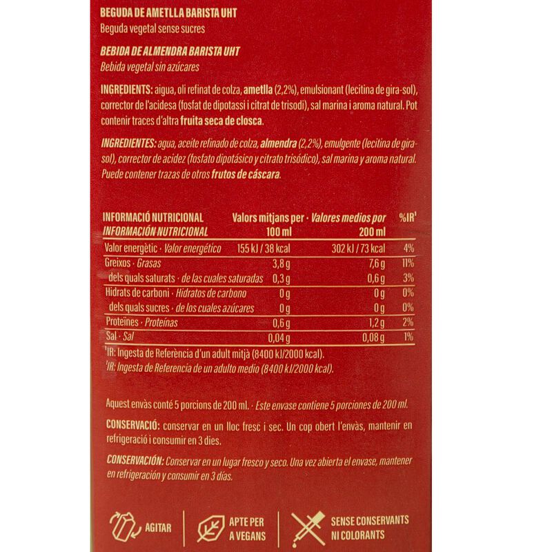 Bebida de almendra Barista 0% azúcares Ametller Origen 1l 