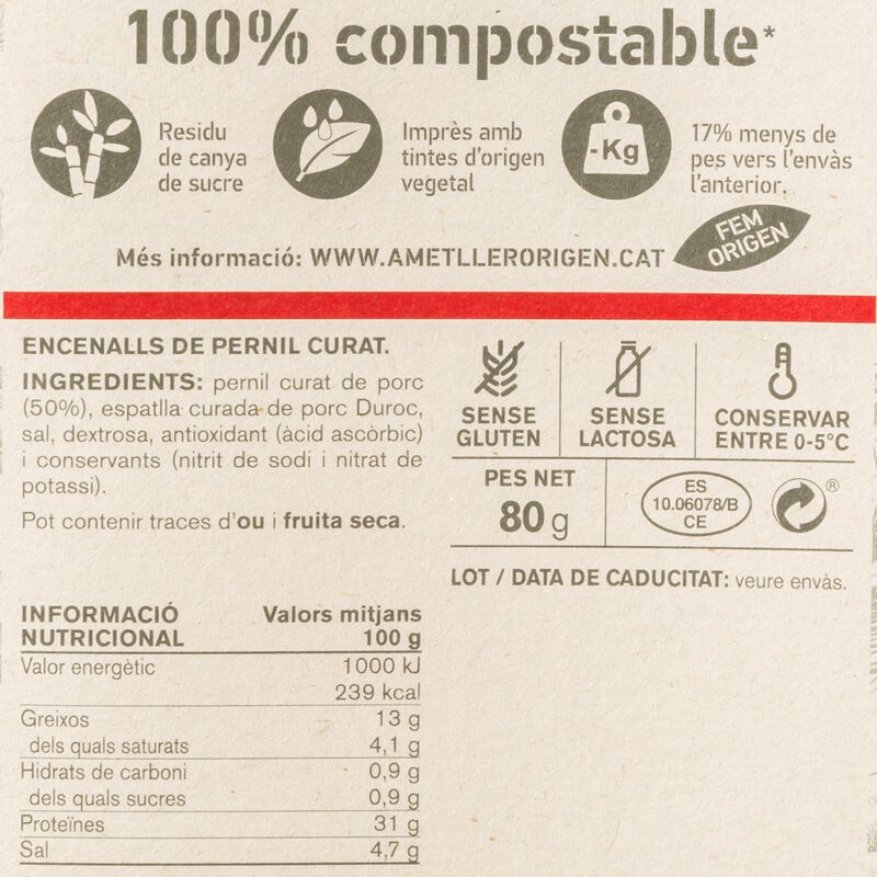 Encenalls de pernil curat Ametller Origen 80 g 