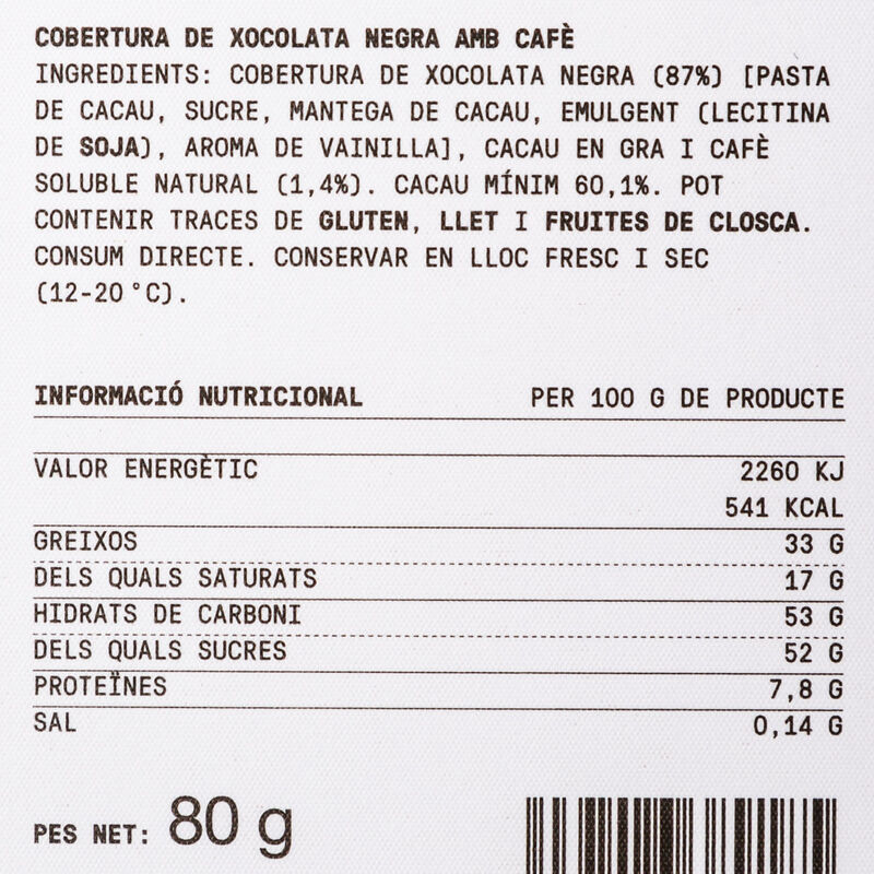 Xocolata negra i cafè LLuc Crusellas 80g