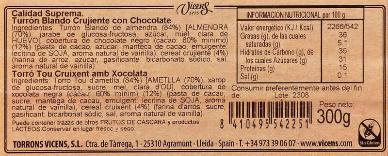 Torró tou cruixent Vicens 300g