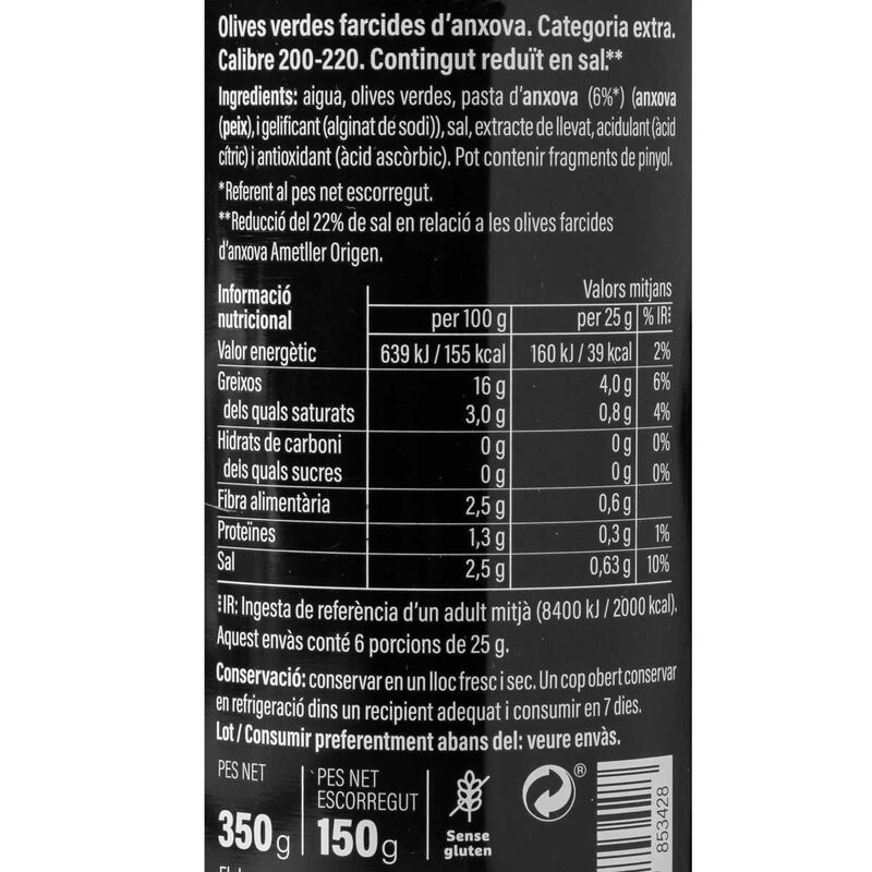 Oliva farcida d'anxova suau Ametller Origen 150g 