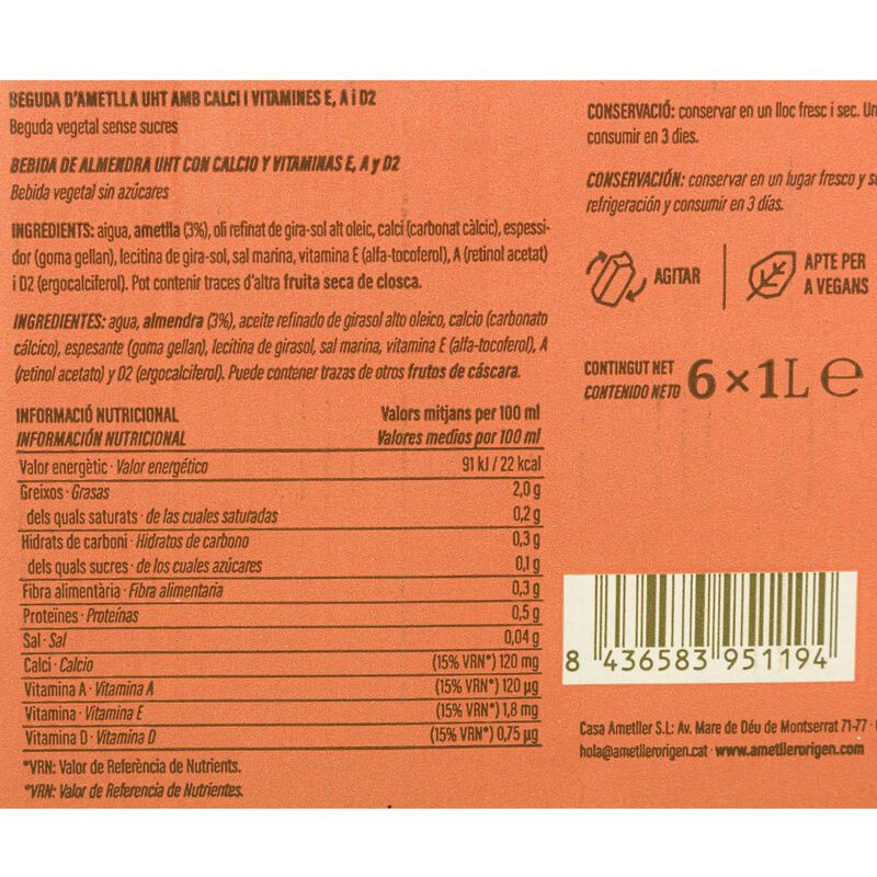 Bebida de almendra con calcio Ametller Origen 1l - caja 6uds. 