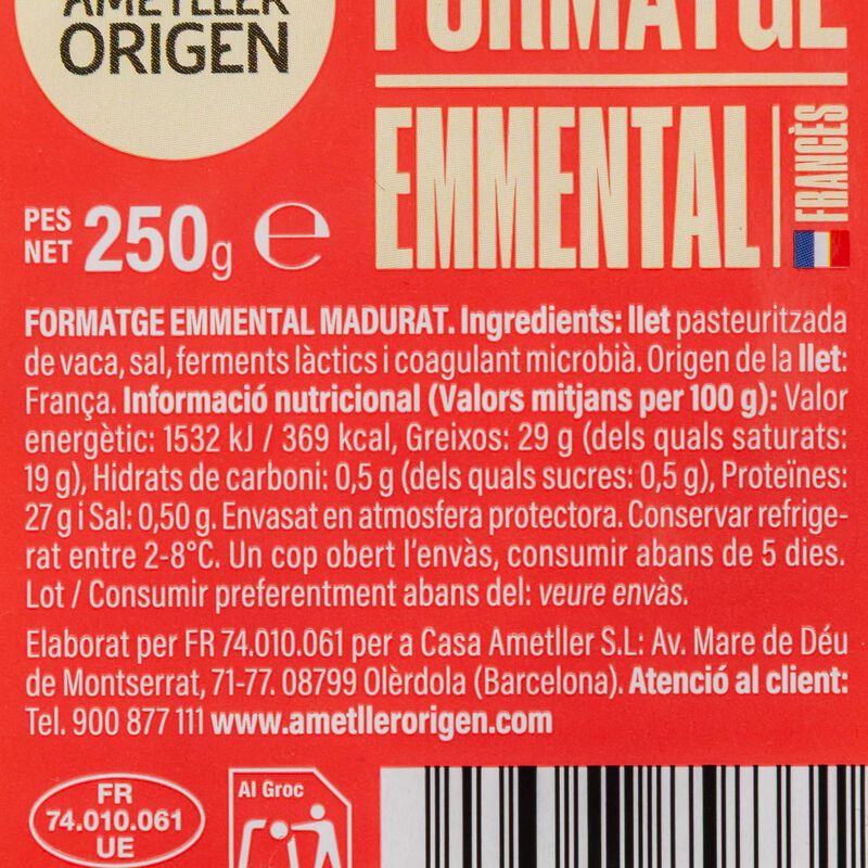 Formatge emmental francès porció Ametller Origen 250g 