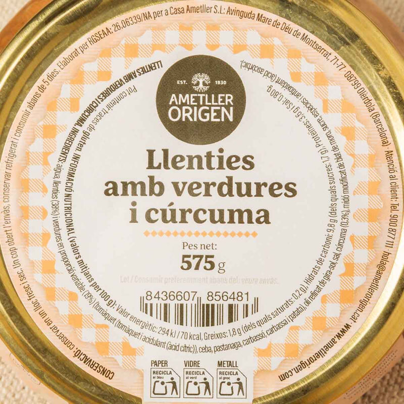 Llenties amb verdures i cúrcuma Ametller Origen 575g 