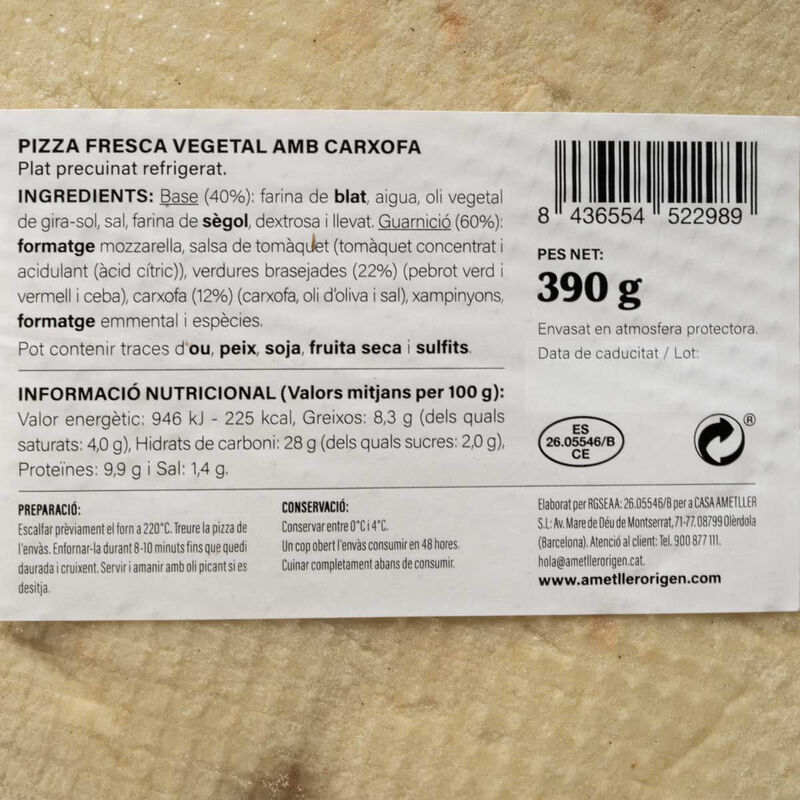 Pizza vegetal amb carxofa Ametller Origen 390g 