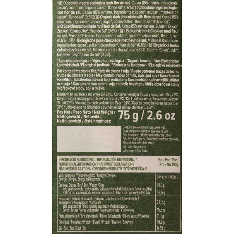 Chocolate negro Nicaragua 85% con sal ecológico Blanxart 75g 
