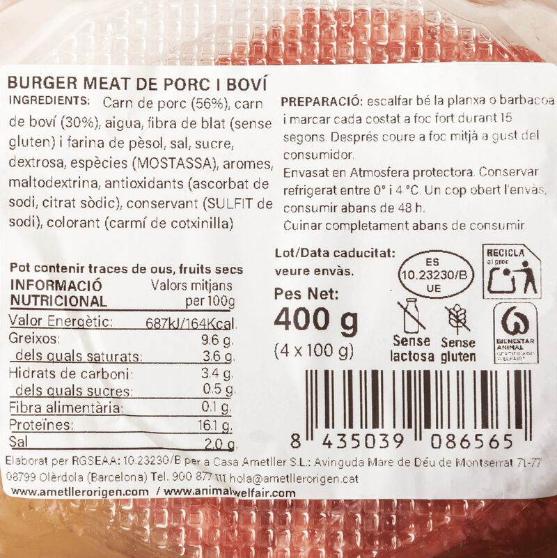 Burger de cerdo y vacuno Ametller Origen 100g - 4uds. 