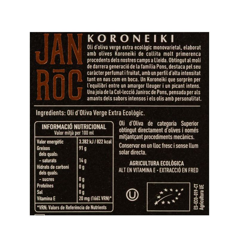 Oli d'oliva verge extra Koroneiki ecològic Janiroc 500ml 