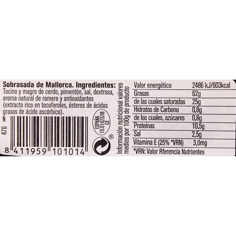Sobrasada de Mallorca etiqueta negra, sin gluten, sin lactosa El Zagal 200g 