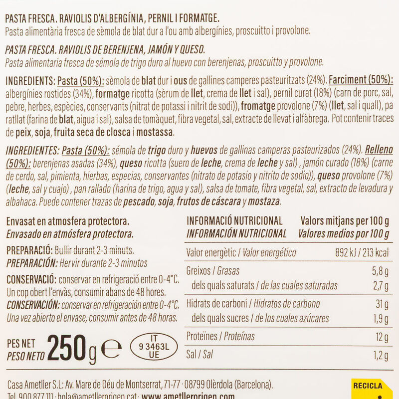 Ravioli alberginia pernil formatge Ametller Origen 250g 