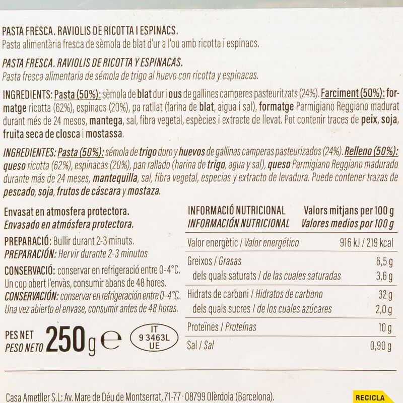 Ravioli formatge i espinacs Ametller Origen 250g