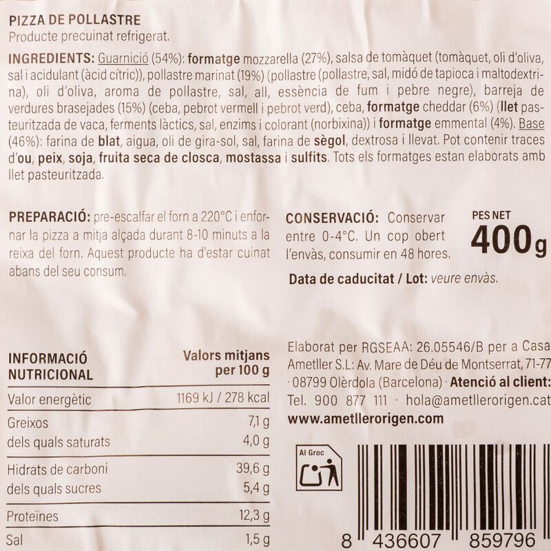 Pizza de pollastre Ametller Origen 400g 