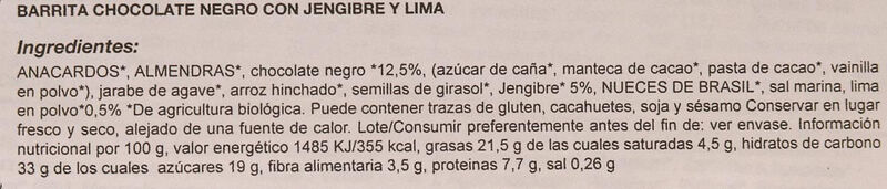 Barrita ecológica de chocolate negro y jengibre NutsandBerries 40g