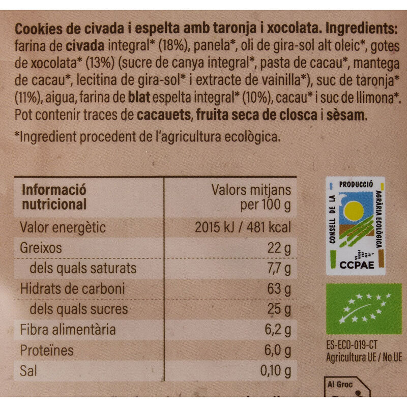 Cookies civada i espelta taronja ecològiques Ametller Origen 130g 