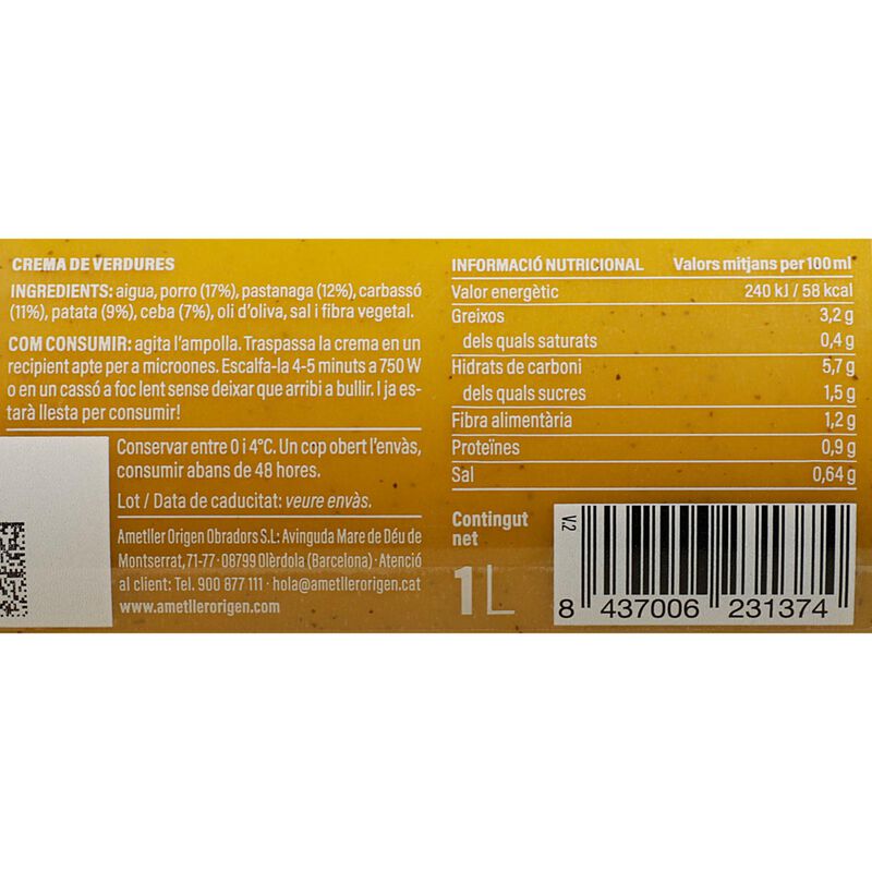 Crema de verduras Ametller Origen 1l 