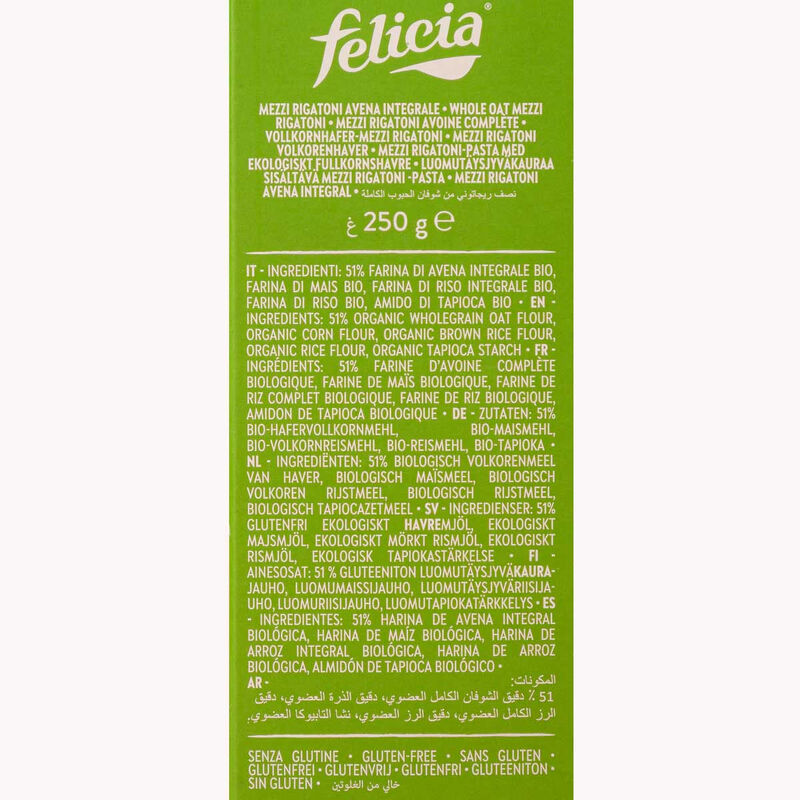 Rigatoni de avena sin gluten Bio Felicia 250g 