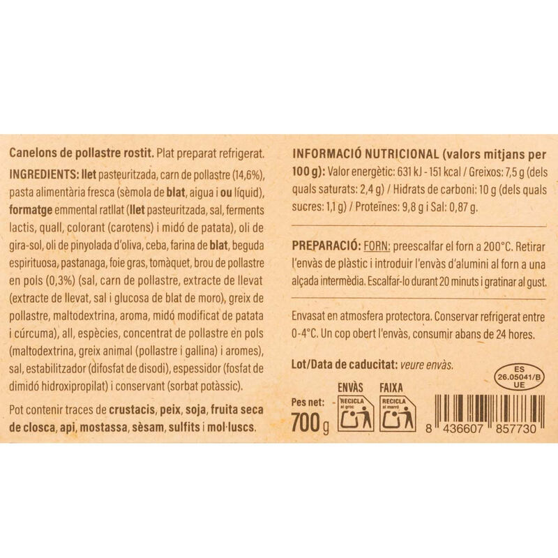 Canelones de pollo asado Ametller Origen 700g 