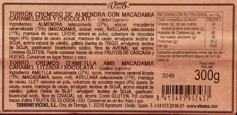 Torró cremós d'ametlla de macadàmia i xocolata Torrons Vicens 150g 