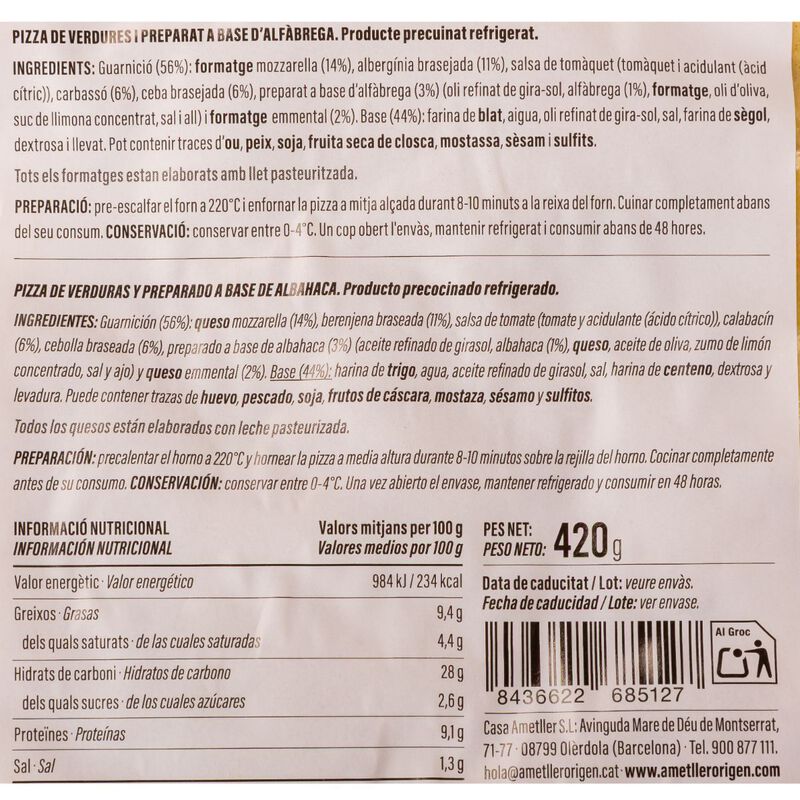 Pizza de verdures i pesto Ametller Origen 420g 
