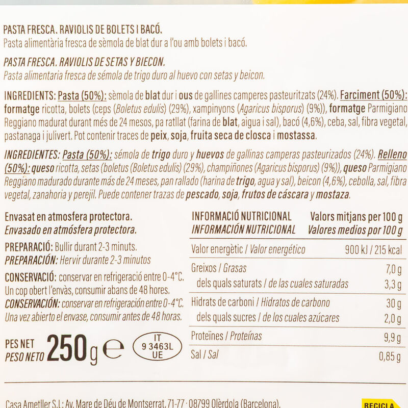 Ravioli de setas y beicon Ametller Origen 250g 