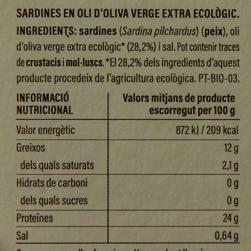 Sardines en oli d' oliva extra ecològic Ametller Origen 85 g 