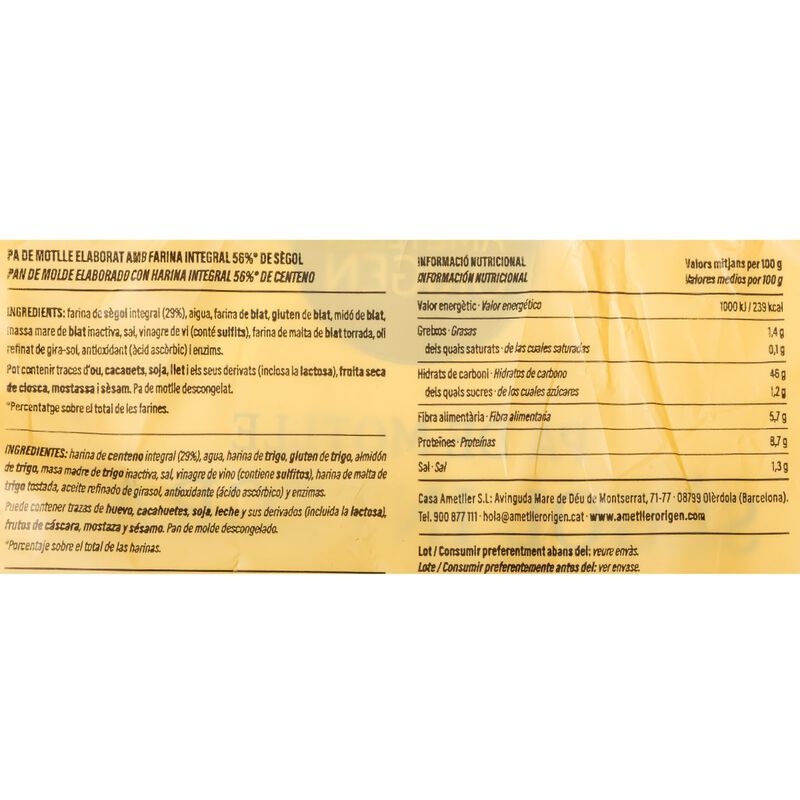 Pan de molde centeno integral 56% Ametller Origen 290g