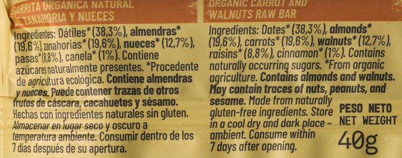 Barrita de zanahoria y nueces ecológica Natruly 40 g