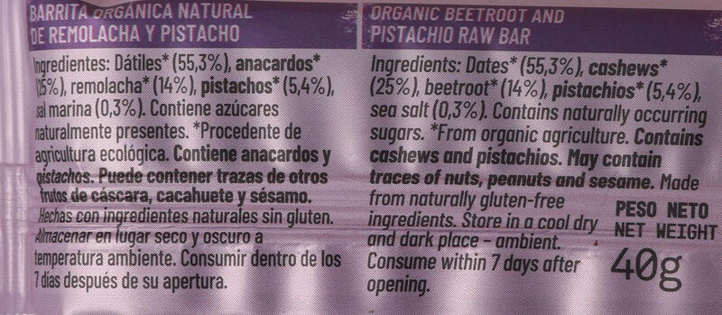 Barrita de remolacha y pistacho ecológica Natruly 40 g