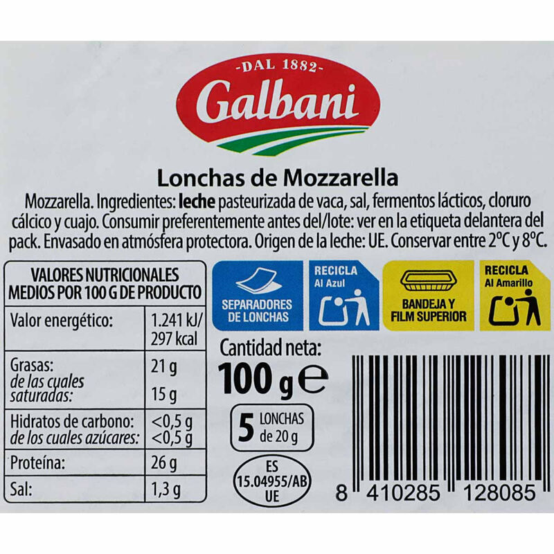 Formatge mozzarella llescat Galbani 100g