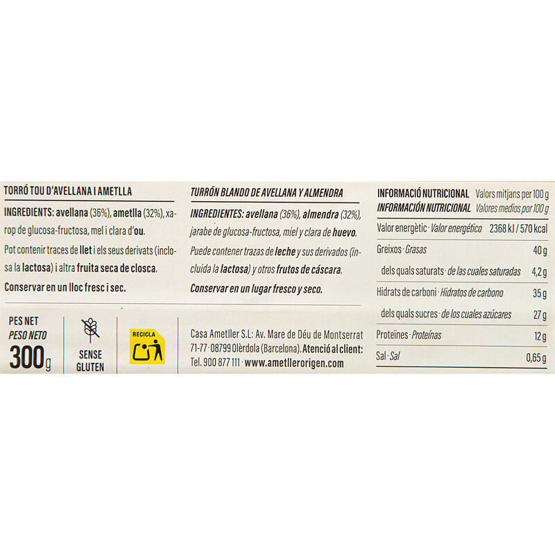 Torró d'avellana Ametller Origen 300g 