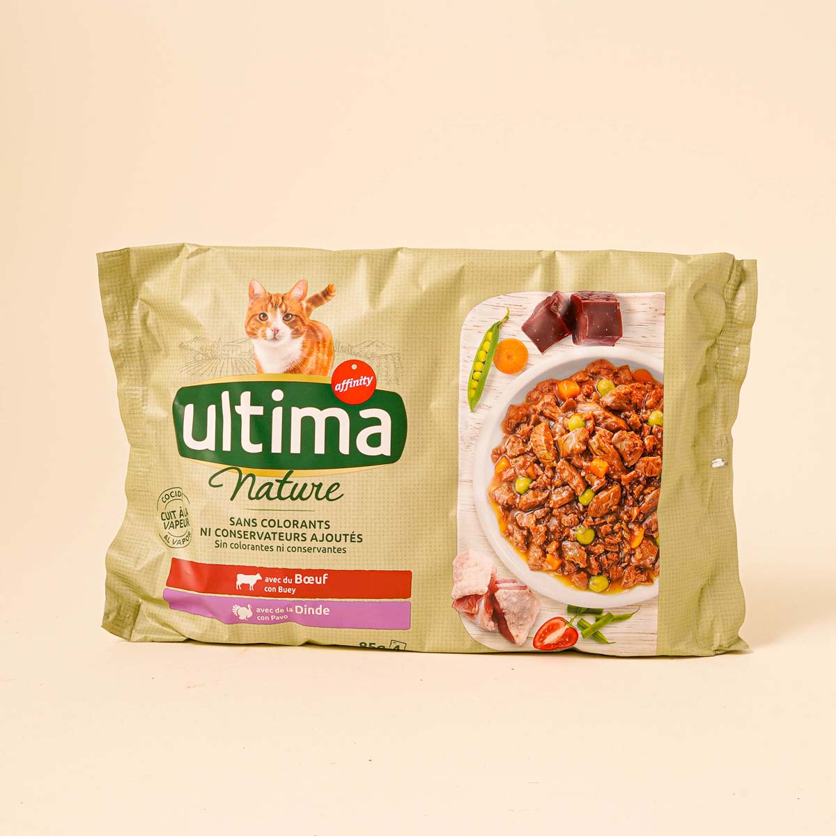 Menjar humit per a gat amb bou Ultima 85g - 4u.