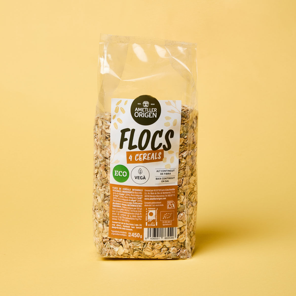 Flocs ecològics quatre cereals Ametller Origen 450g