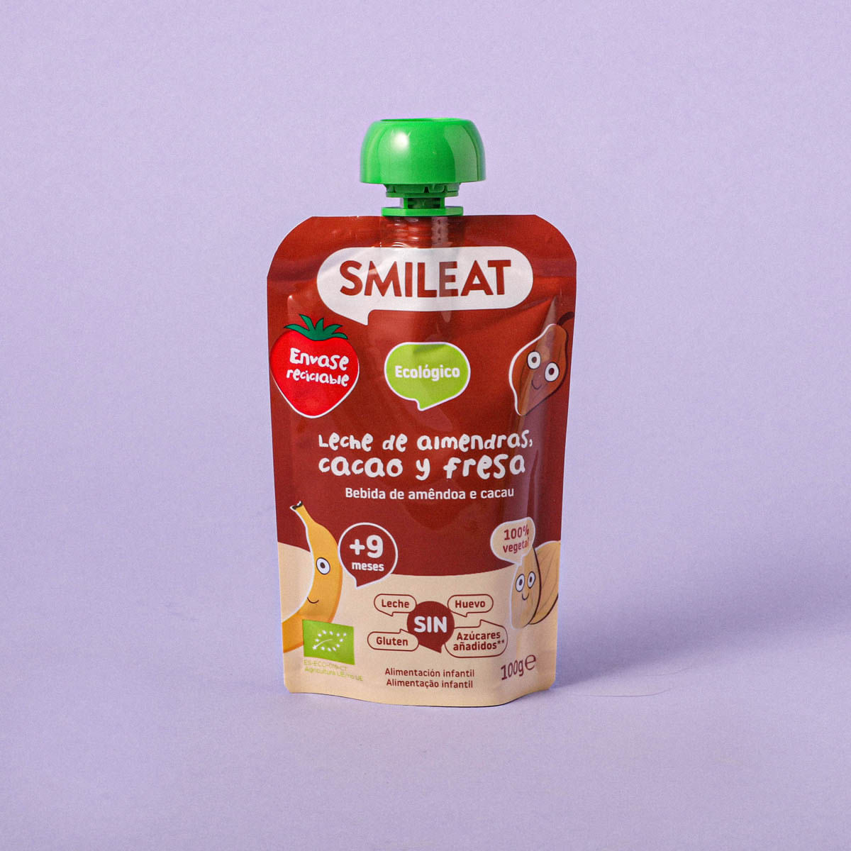 Puré de llet d'ametlles, cacau i maduixa Smileat 100g